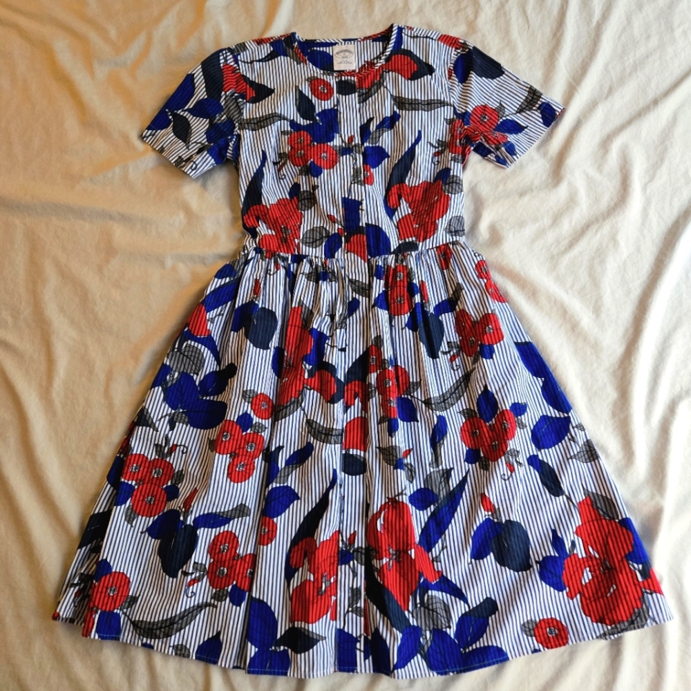 Brooks Brothers Nautical Striped Blue & Red Floral Midi Dress sz 2 Cotton